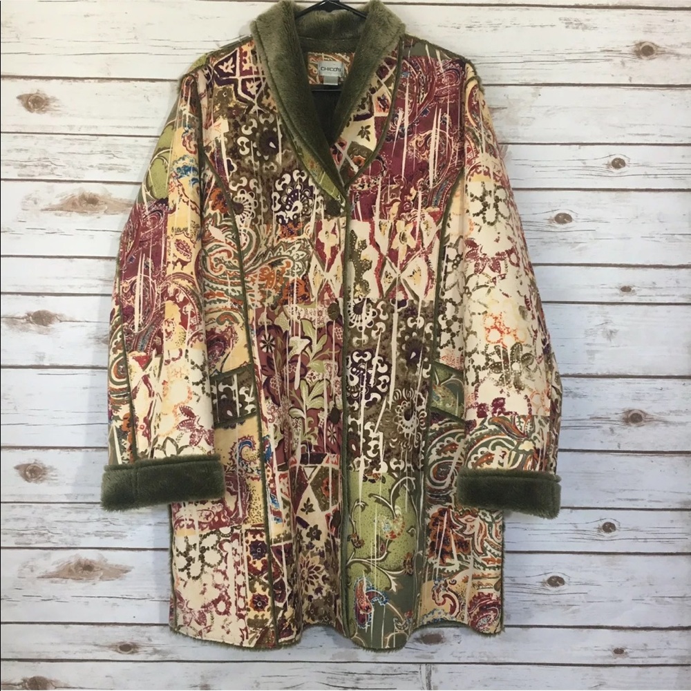 Chico’s paisley women coat size 2 green purple #G